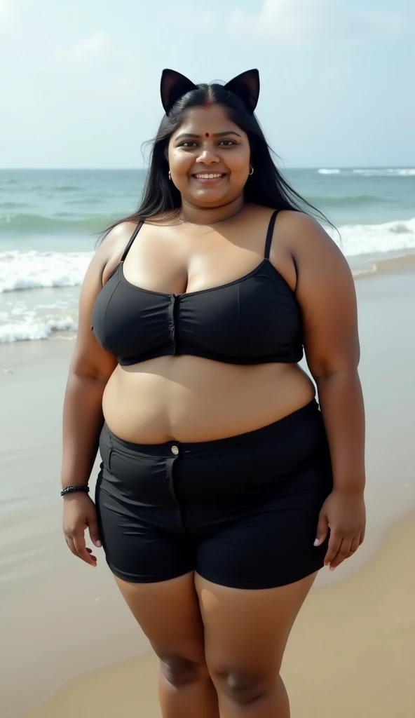 DARK SKIN, South Indian WOMAN, TALL, NAVEL, CLEAVAGE, BUSTY, FAT, VOLUPTUOUS, CHUBBY, PLUMP BELLY, LOVE HANDLES, BLACK BRA, BLACK LEGGINGS, REALISTIC, PHOTOGRAPHY, LOOKING DOWN, ROUND BLACK SPECTACLES, BEACH BACKGROUND,