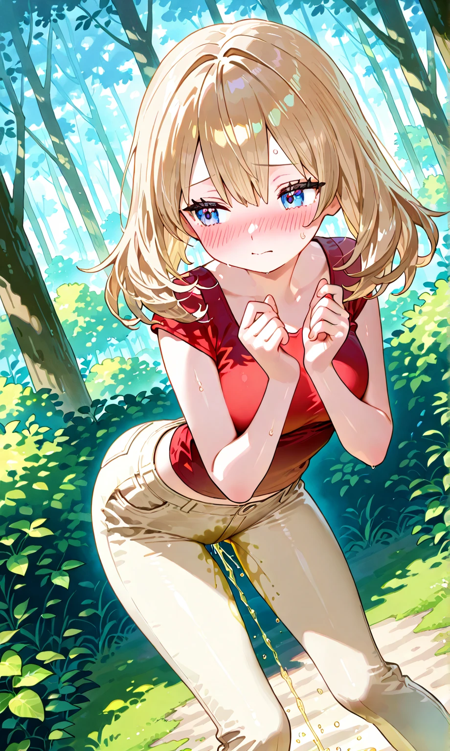 masterpiece, best quality, young girl , torn outfit, torn undies, torn long socks, red shoes, ginger hair, green eyes, surprised, climbing, from below, bare bottom, red backpack, (bitten in the ass by crocodile), cute