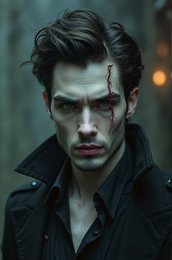 young man 19 years, ((best quality)), ((masterpiece)), (detailed), (Full body), perfect face, a beautiful and sexy demon, he has black hair and sky blue eyes, his teeth are sharp and pointed. His hands are stained with blood., scary smile, vampire teeth
