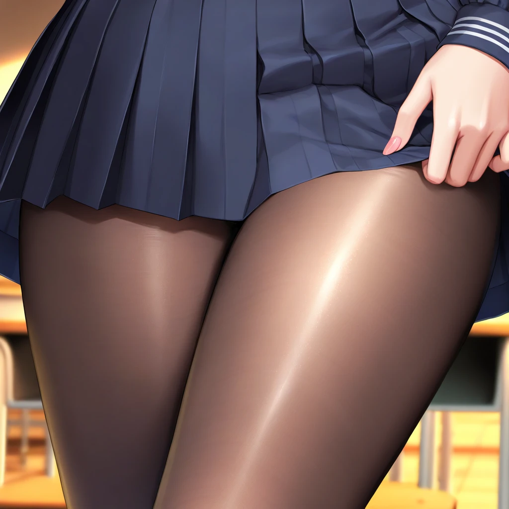 1 girl,high school girl,High-cut underwear,((Low - Angle,Pointed Chest,、mini skirt,Pleated skirt,Very exquisite white panties,The camera is between her thighs,Black knee-high tights,angle of view of ceiling,pubic hair,cameltoe)),(from below:1.6),(Angle where you can see inside the skirt:1.7、From directly below:1.7),((highest quality, wonderful,8K, masterpiece :1.3)), (Realistic, photoRealistic:1.4),(Very fine and beautiful skin,Black gal),blonde, Very detailed,Cinematic lighting, Detailed light, Best Shadow, Dynamic Angle(From directly below:1.1),Between the legs:1.5,Super big boobs:1.6, Voluptuous thighs, ,Indentation:1.5,Poolside