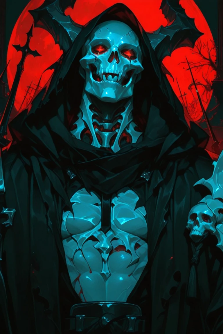 A character that looks like it comes from a video game or animation. The character has a white skull-like head with large circular black eyes and no other facial features. The body is black and appears to wear a cloak or robe with wavy, flame-like edges at the bottom. The character holds what looks like a nail or a sword in his right hand, pointed downwards