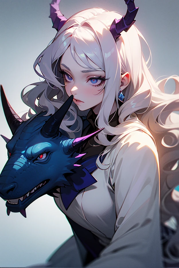 Silver haired anime woman, tired face, gentle smile, blue dragon-like eyes with scales, crescent moon pendant, white church robes