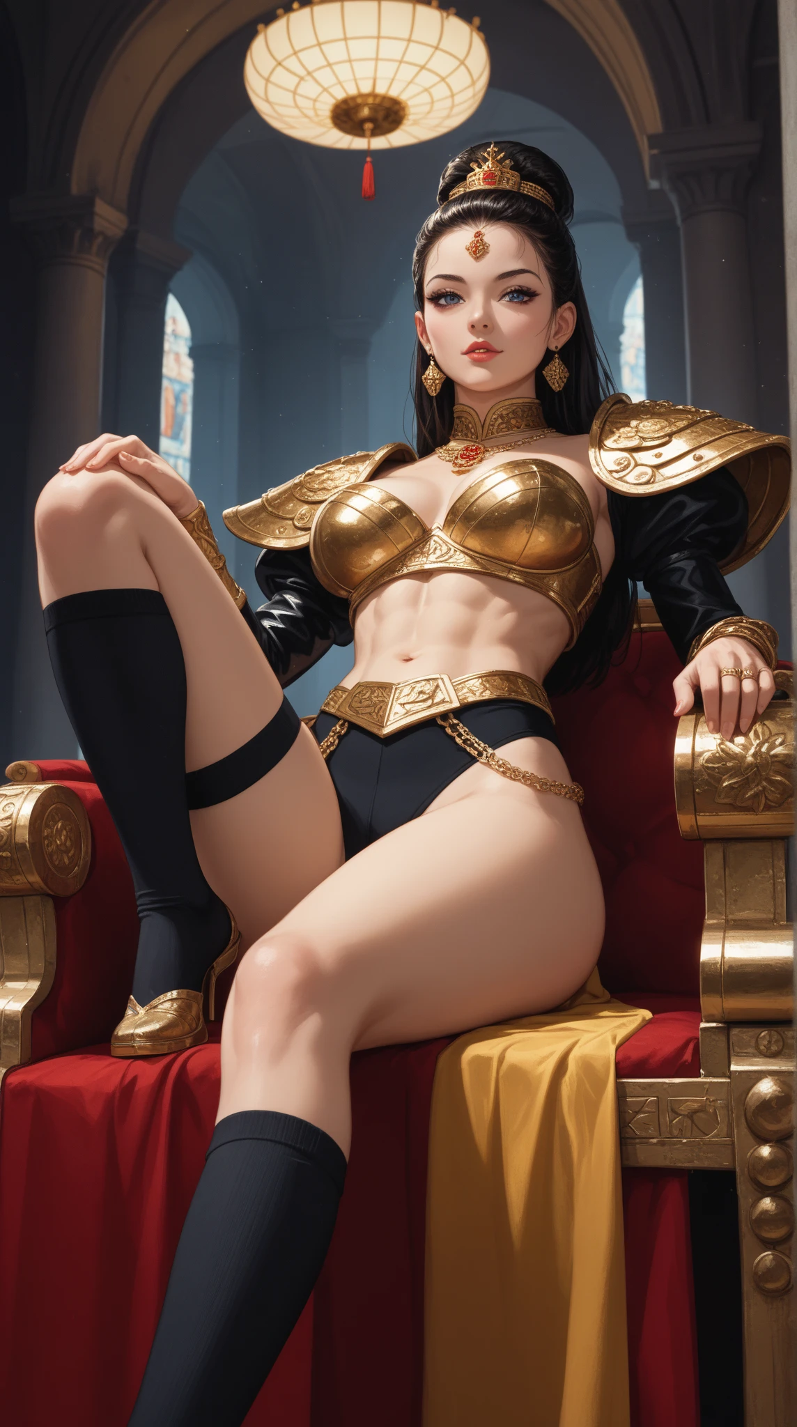 (masterpiece, best quality), 1 girl, perfect body, big breasts, edgLL, wearing edgLL leather lingerie, sitting pose, throne, crown, royal throne room with elaborate details, natural lighting