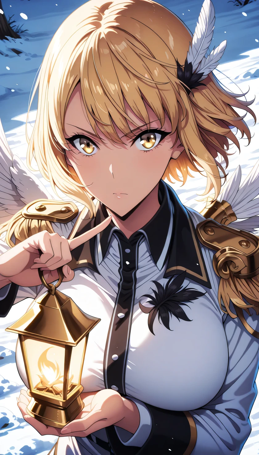 Index finger to own lips, dark military jacket, high collar, brass buttons, ornate shoulder pauldron, layered wing feathers, white and black feather details, metallic accents, structured military cut, formal uniform, decorative epaulette, rating: random, big breast, anime girl, blonde short layered hair, yellow eyes, over shoulder pose, ornate feathers, digital art, clean lineart, soft lighting, floating particles, serious expression, high quality anime style, detailed shading, hae-in cha, 1girl , solo, yellow eyes, fighting stance, BREAK outdoor, snowy, Winter, golden hair, BREAK outdoor, snowy, Winter, other hand holding lantern, fighting stance