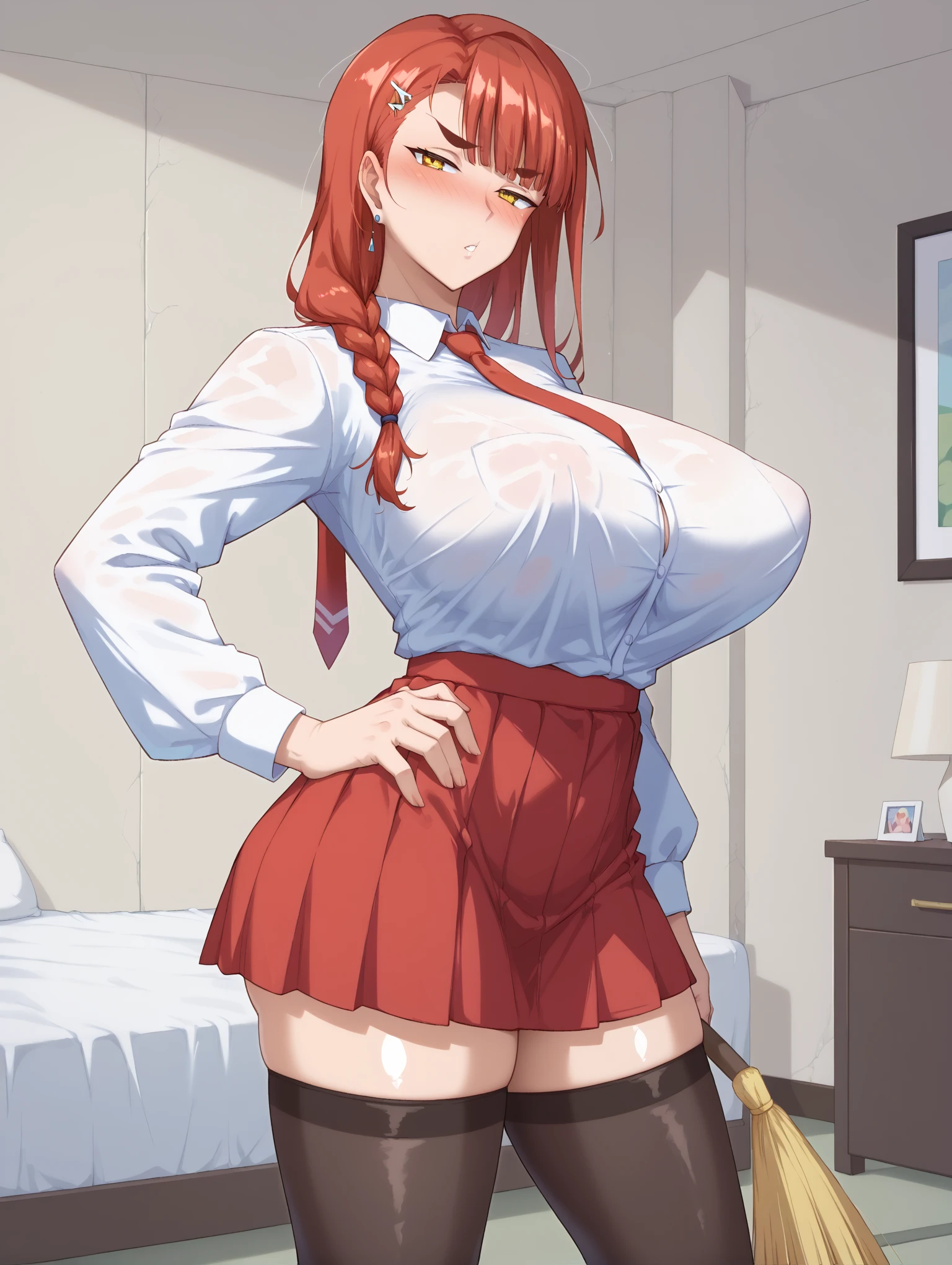 ,solo,(red_hair:1.2),(miniskirt:1.2),(garter_belt:1.2),(wet_clothes:1.2),(spread_legs:1.2),(orange_eyes:1.2),(cow_ears:1.2),(bedroom:1.2)