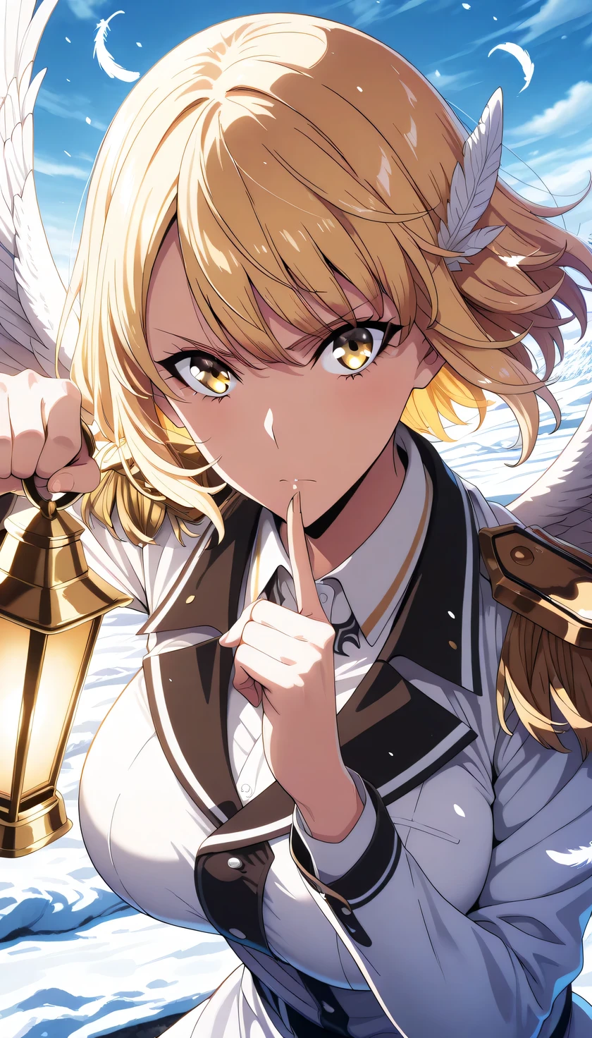 Index finger to own lips, dark military jacket, high collar, brass buttons, ornate shoulder pauldron, layered wing feathers, white and black feather details, metallic accents, structured military cut, formal uniform, decorative epaulette, rating: random, big breast, anime girl, blonde short layered hair, yellow eyes, over shoulder pose, ornate feathers, digital art, clean lineart, soft lighting, floating particles, serious expression, high quality anime style, detailed shading, hae-in cha, 1girl , solo, yellow eyes, fighting stance, BREAK outdoor, snowy, Winter, golden hair, BREAK outdoor, snowy, Winter, other hand holding lantern, fighting stance