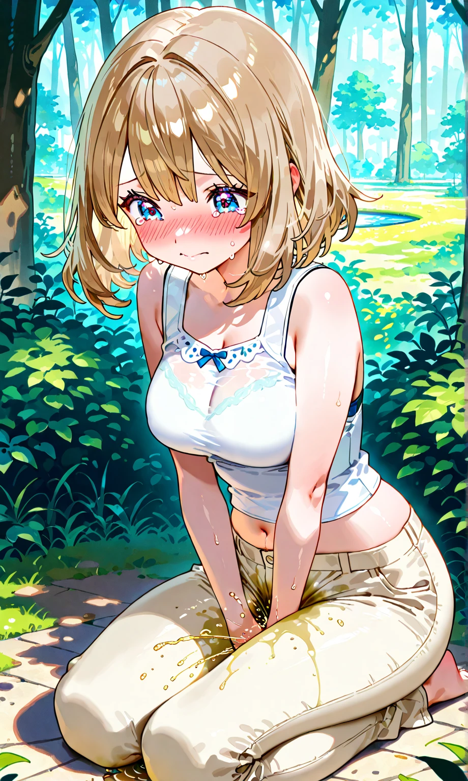 big , masterpiece, highest quality, High resolution, aakikyo, short hair, Hair Intake,Yellow Hair,F Cup,White hair band,Orange bra,White Skirt, Pleated skirt, Black socks, Are standing, Outdoor, Straight, Arms at your sides,Open your mouth,Embarrassing,Seriously angry,Take a head-on photo