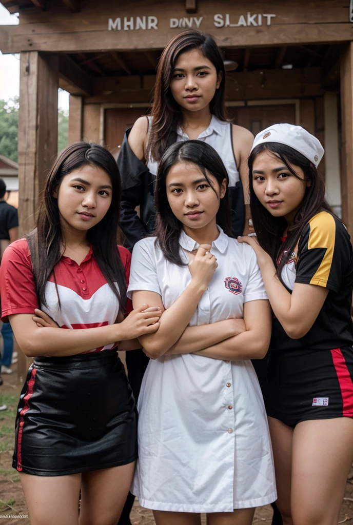 Seorang gadis SD dengan temannya yang sedang bercanda di sekolah sambil memakan camilan di tangannya