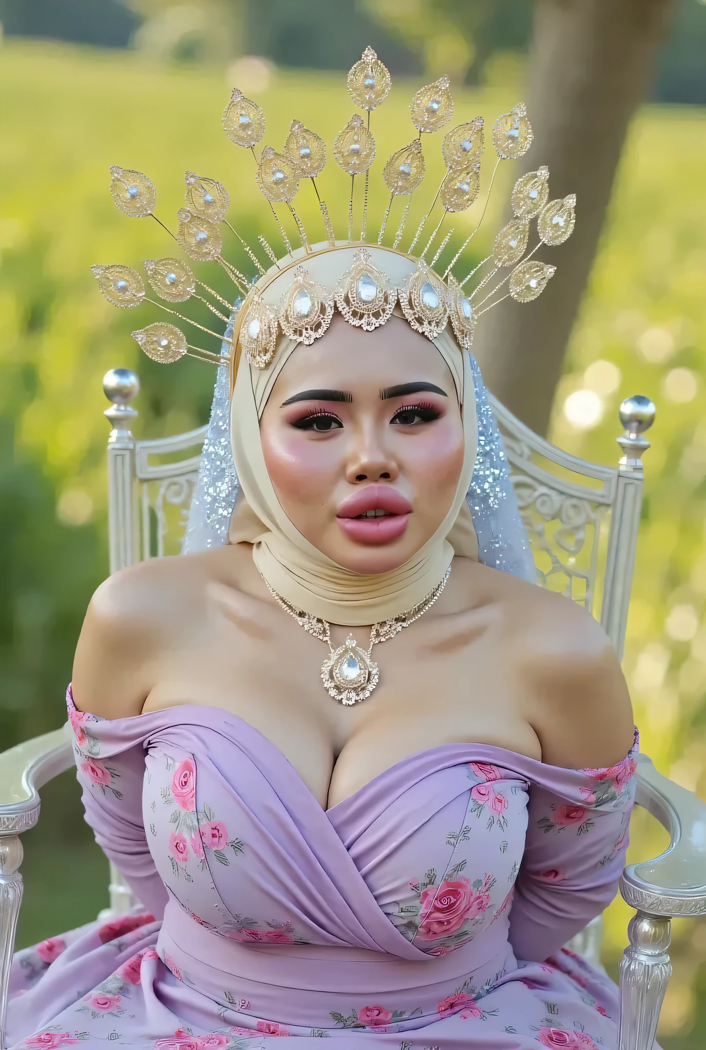 beautiful indonesian bride with tiara, elegant wedding dress, sucking penis a man sitting on throne, big blowjob, wedding moment, face focus, pov view, voluptuous woman, cleavage, round breast, pale skin, modern makeup, realistic, bright colors, real detailed, hd