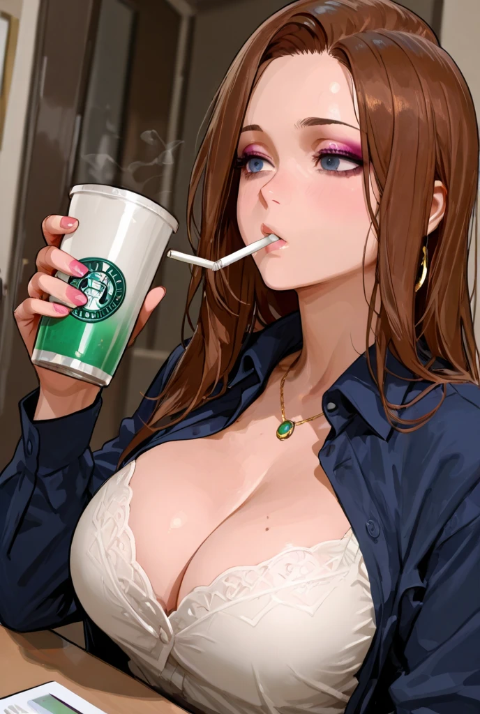 Female Android with big boobs in a bikini and a cup of motor oil instead of coffee very anime inspired can be a sticker