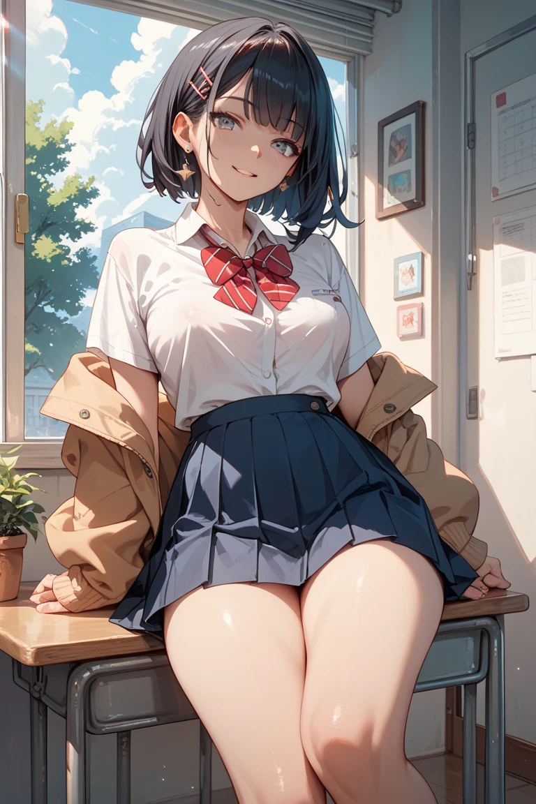 1 girl, glasses, (full body:1.2), sitting, blush, (slim body:1.2), (huge breasts:1.3), (slender and long legs:1.1), black hair, short hair, white short sleeve shirt, pleated skirt, (navy blue high socks:1.1), brown loafers, park,