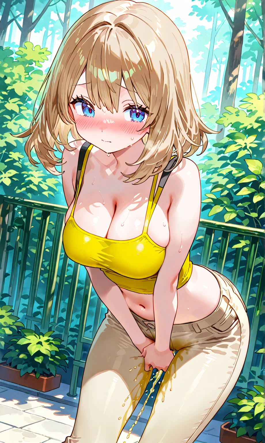 breathtaking oil painting, 1perfect beautiful elf girl, young, shining smile,short denim shorts,underboob withe t-shirt,((perfect sexy body)), ((medium size tits)), green country on the background