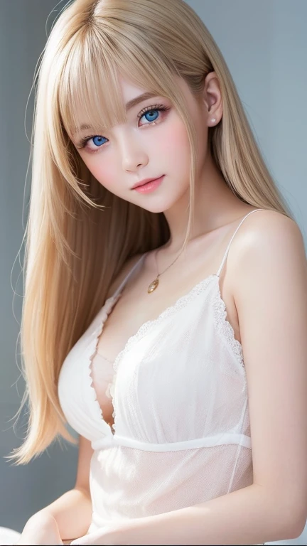 Very white and radiant beautiful skin, A beautiful girl, Unparalleled beauty, Bright, refreshing and gentle expression, Perfect beautiful pretty face、Shiny baby blonde silk super long straight hair, Beautiful shiny bangs, A very beautiful 15-year-old girl, Eyeliner, Very perfect and beautiful cute big clear bright white blue eyes