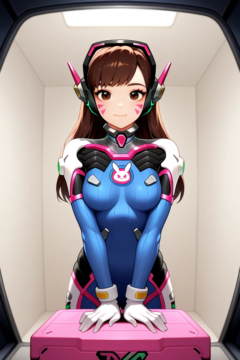 obra maestra, Mejor calidad, high resolution, 1 chica, Super high resolution, Solo, Mechanical pilot, D.va, auriculares, ojos rosados, Medias azules, By the chestnut, guantes blancos, Gato hace Adornament,