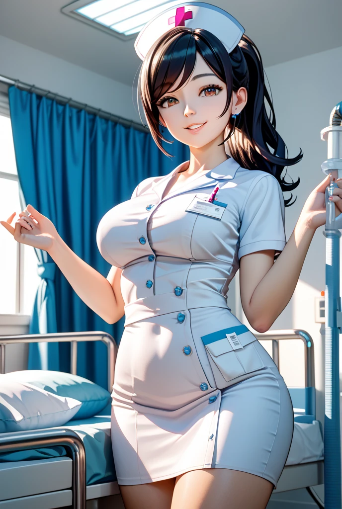 A young nurse in tight white jeans stands at the'hospital, orteil de chameau, beaux yeux, beau visage, Bras soutenu, sourire, Longues mèches rouges, photoEalistic