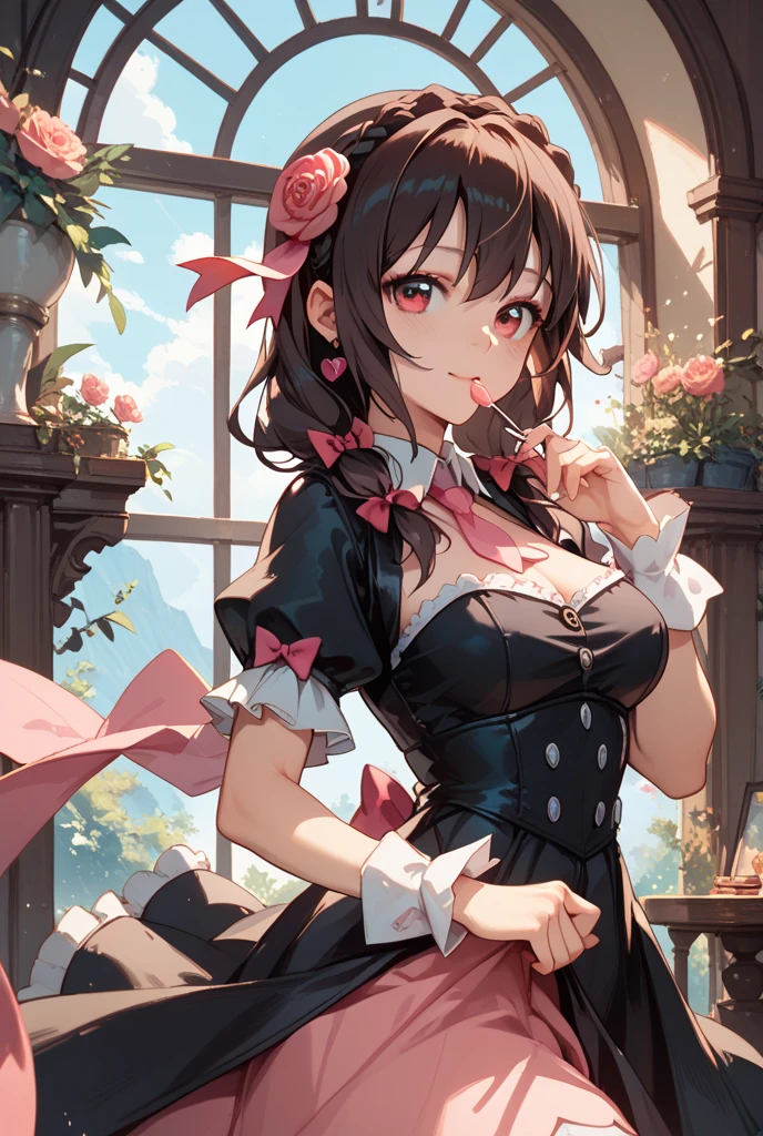 one woman, alone, middle aged, Beautiful woman、I could see the whole body、 ((short hair)), ((brown eyes, beautiful eyelashes, realistic eyes)), ((detailed face, blush:1.2)), ((smooth texture:0.75, realistic texture:0.65, realistic:1.1, Anime CG style)), glamorous body, big breasts, dynamic angle, perfect body,  ((purple transparent prowse, red skirt))、(Hotel stairs)、It&#39;s windy、(Very embarrassing panic smile)、looked back、I can see her ass sticking out in front of me..、Angle looking up from the bottom of the stairs、 (((The wind turned up my skirt、My butt is now completely visible..、Pink floral panties)))、((table top, highest quality, High resolution, perfect pixel,  4K,))), 