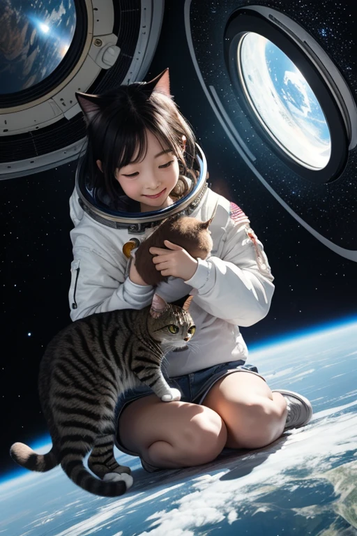 Cartoon illustration of a boy and girl in space with a cat, official fan art, in the universe, kittens in outer space, In outer space, In deep space, in a galaxy, Deep Space Exploration!!!, Space travelling, Wear on the stars and planets, Outer space, Outer space, cosmic starry sky, in the universe, Official art, spaces, in spacecraft, Colorful, Cute, more detailed, light, More realistic, cartoon,galactic