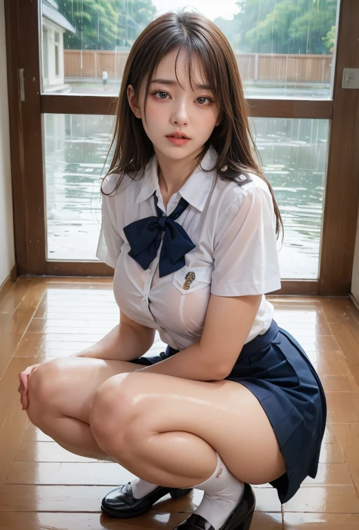 (reality: 1.4),highest quality, masterpiece, high detail, 16K quality, beautiful, 1 beautiful girl,japanese,super beautiful face,,japanese idol face,cute face,super detailed face,detailed hand,beautiful skin,oily skin,(tannde skin),big eyes,profeccional lighting,medium hair,blonde hair,brown beautiful eyes, big smile,standing, (skirt lift),big breasts,(sailor suit),(checked skirt),white panties,(showing panties),black high socks,spread legs, she is looking at the camera,classroom, nsfw,from below,