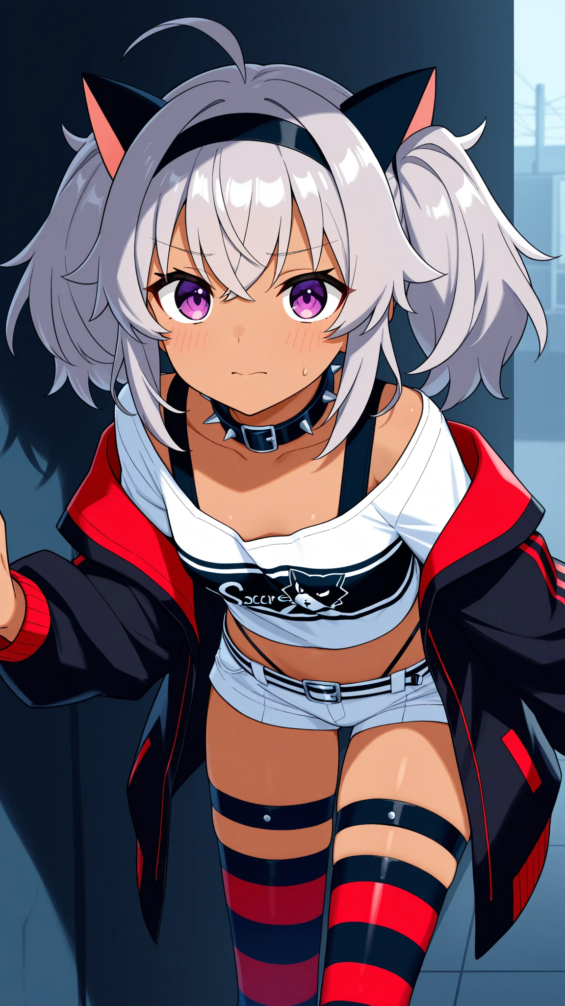 1girl, ultra high res ,looking at viewer , very large chest size, underboob , smile, open mouth, one hand pull shirt up, punk roco, jacket, shorts