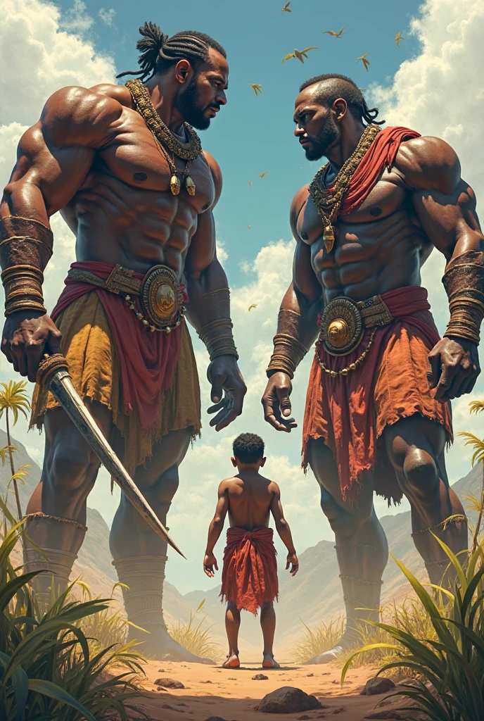 Cover of the book with the title "As Incríveis Aventuras de Kambonge," at the top. Below the title is a large African man with a beard and an expression determined to protect two twin African princesses. They are on a floating island with lush vegetation and waterfalls. The background sky has a dramatic sunset with vibrant colors.
