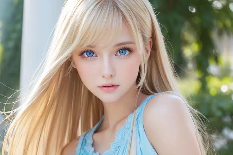 Face focus, Crazy for love, 14 years old , Frilled Summer Dress, Very beautiful blonde Scandinavian girl, Overwhelmingly beautiful, Beautiful shiny super long straight blonde silky hair、Blonde bangs over the eyes、Blonde hair over one eye、Blonde hair between the eyes、Has cleavage, Arms behind head, Low contrast, (Shy and cheerful expression:0.8), Hair Scrunchie, highest quality, Ultra-high resolution, Realistic photos, Very detailed, 8K, Raw photo, Perfect Anatomy、so beautiful, The Shining, Very bright light blue eyes、Very big eyes、Small Face Beauty