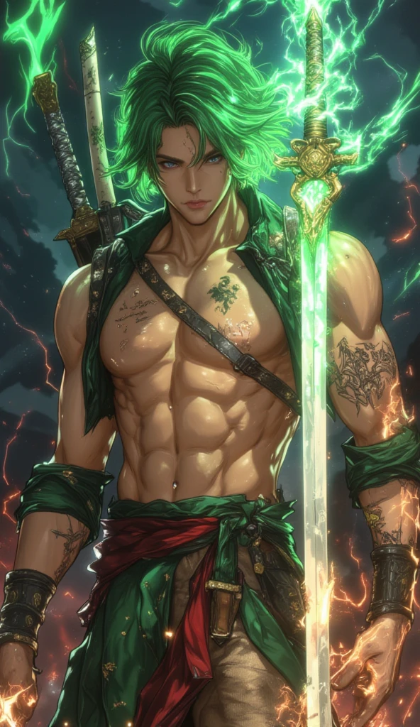 cara de anime com uma espada e uma capa verde em seu peito, Roronoa Zoro, cara bonito na arte demon slayer, Um guerreiro esmeralda loiro, carregando espadas nas costas, anime epic artwork, com espada grande, segura uma espada, Anime Wallaper, guerreiro poderoso, guerreiro masculino, espada bonita, guerreiro segurando duas espadas, legendary god holding spear