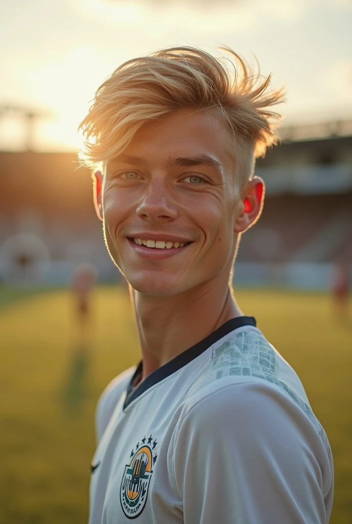 (photorealism:1.2), beautiful man, young , blue eyes, sport , Super hair , yellow hair , Innocent face