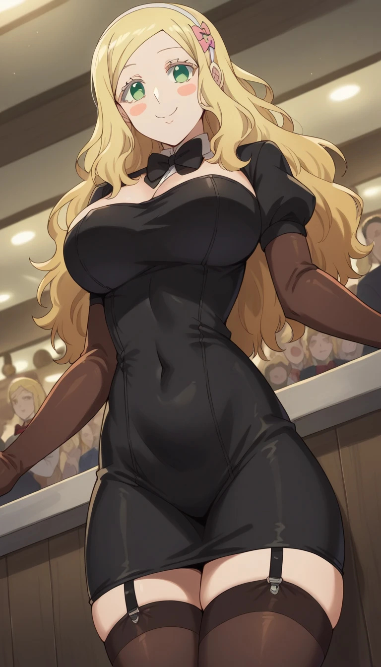 ((masterpiece)), ((best quality)), (ultra-detailed), ((extremely detailed)), 4K, (8K), best quality, (beautiful), One girl, mature woman, shiny skin, graceful, wavy semi-long blonde hair, big tits, red eyes, leotard, playboy bunny, thick thighs, net tights, dark room, indoor, casino, stage lights, leotard that bites, cowboy shot, seductive smile, blush, panties, cleavage, magical girl, fantasy