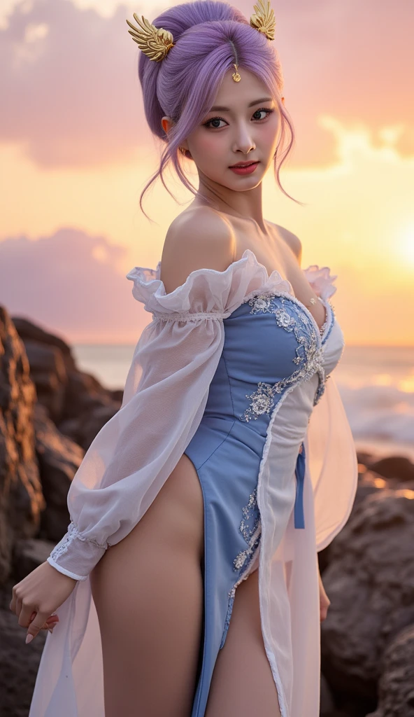 (masterpiece, best quality), pale skin, (baby face), Island beach background, (sheer off-shoulder, Short transparent top, high waist skirt, tight mini skirt:1.3), (Skinny Thighs:1.9, Willow Yao, thin body, long legs, slim legs:1.9), blonde hair, (huge , Lift your hips, straight legs), Show belly button, (Wide thigh clearance:1.6, wide gap between thighs:1.6), whole body forward, Nipple protrusion, pink breast bulge, Camel toe bump, (Facing Teenage Barbara Palvin)