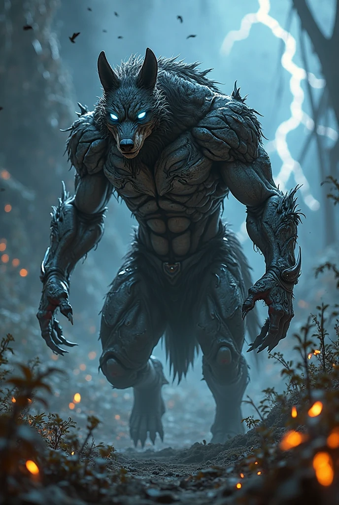 image of a werewolf standing fiercely huge, forte com grandes olhos vermelhos e enorme unhas fundo uma floresta, full moon night, fog on the ground, moon rays through the forest
