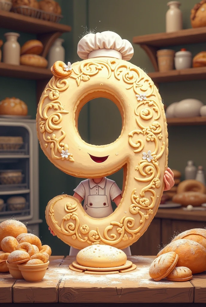 A longer horizontally shaped cookie wrapped in brown paper and has "bites" written on it in white letters with a brown border next to it. It has chocolate squares next to it. There is a child looking at the cookie with his tongue out and smiling with happiness at seeing the cookie.