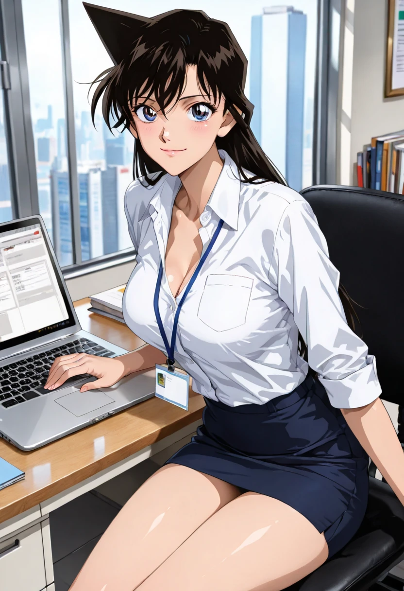 masterpiece, Best Quality, High resolution,16k,official art,super detailed skin,detailed,animated painting,(Mouri Ran:1.2),(in code geass style:0.5),1990s \(style\),(E-cup beautiful breasts)、 (tall:1.2),height: 175cm,Fashion model body type,clevage,Sexy long legs, (black hair, blue eyes, long hair,),pointed hair:0.5,,(office lady uniform,white shirts,mini skirt,:1.3),Muscular、1girl,solo,light smile、Anime-style painting style,Close up on upper body,Cinematic lighting,Superfine,beautiful body line ,closeup,at the office,daytime,sitting on office chair,(working on a laptop at a desk,looking laptop:1.2),
