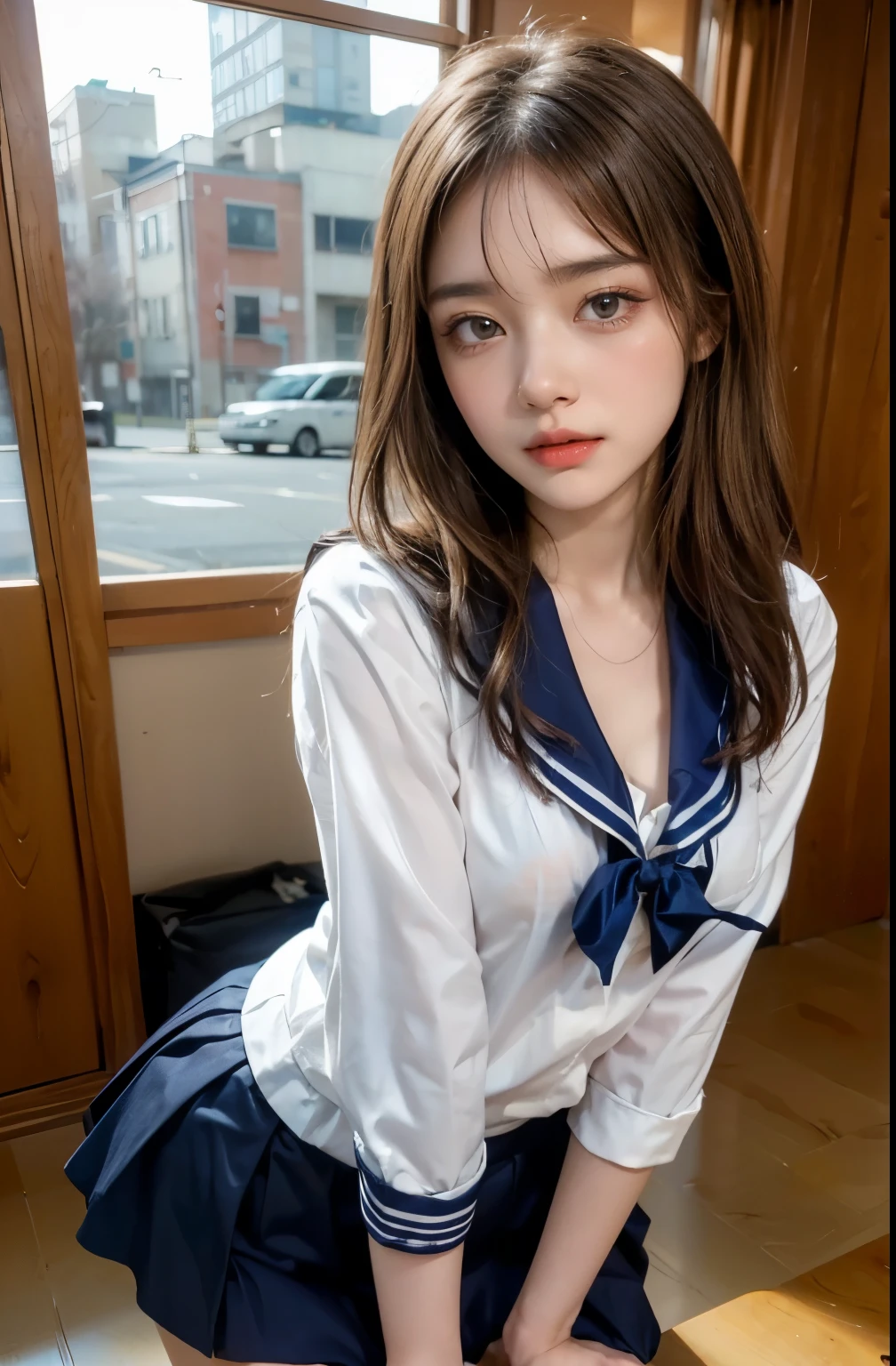 Highly detailed CG Unity 8K wallpaper、highest quality、Super detailed、masterpiece、realistic、Photoreal、bright lighting、Highly detailed cute girl、17 years old、Japanese high school girl、innocent big eyes、((droopy eyes))、long eyelashes、(Watery eye)、((ecstasy face))、Pant voice、blush、sleepy、(brown hair with bangs)、earrings、perfect skin、shiny skin、pure white skin、fine skin、big and full breasts、((perfect anatomy、nice hands、perfect hands、five fingers connected to the palm、Accurate needle with no discomfort))、((japanese girl'High School Era、navy pleated mini skirt))、(white short sleeve sailor uniform)、(Sailor uniform is rolled up、nipples fully protruding)、(I rolled up my sailor suit、chest is completely exposed)、angle from below、((spread your legs wide))、((Intense sex with a guy))、(insertion of penis)、(beautiful private parts:1.2)、(focus on vagina:1.3)、((show off your vagina))、((beautiful feet))、slim legs、in the toilet、