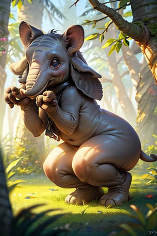 (Obese, Overweight, male, anthro, elephant), standing, nude, big penis, fat pad, belly overhang, thick thighs, luminiscent turquoise eyes, Enchanting garden, blooming flowers, magical creatures, Intricate details, vibrant hues, dreamlike ambiance, morning and fog, hyper realistic, golden ratio, highly detailed