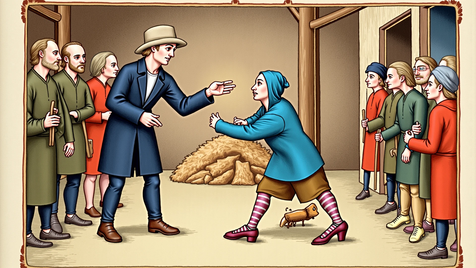 Caricature of an old beggar asking for alms from a pretty blonde woman