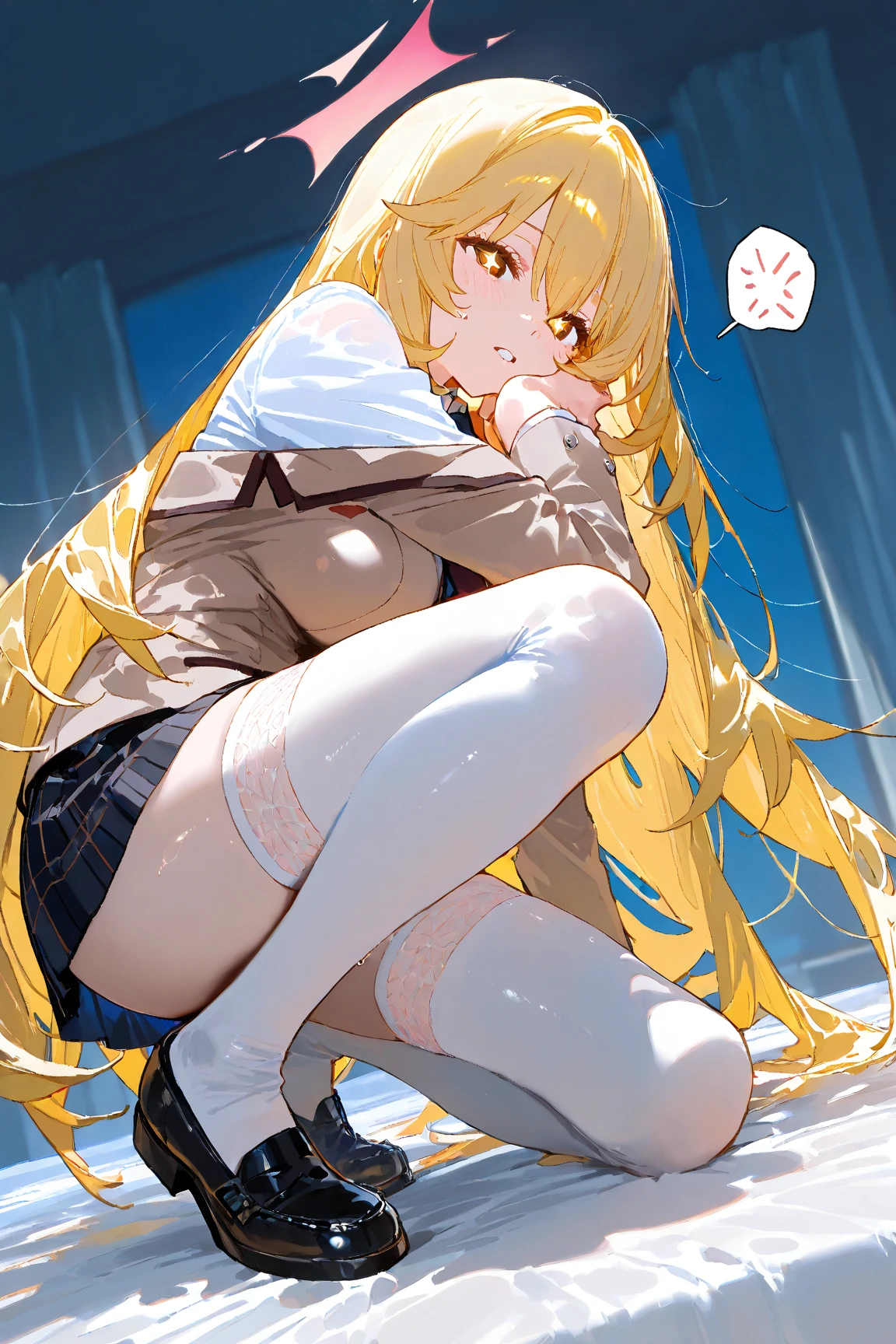 1 Female, cute, alone, School, blonde, Eyes: Dark blue eyes, sexy, (((Sit on the ground, Stand on your knees, Knees closed, Panties White panties))), Camel Toe, (From below:1.2), masterpiece, Fine details, Breathtaking works of art, high quality, 8k, Very detailed, High resolution, Wide night sky, loafers