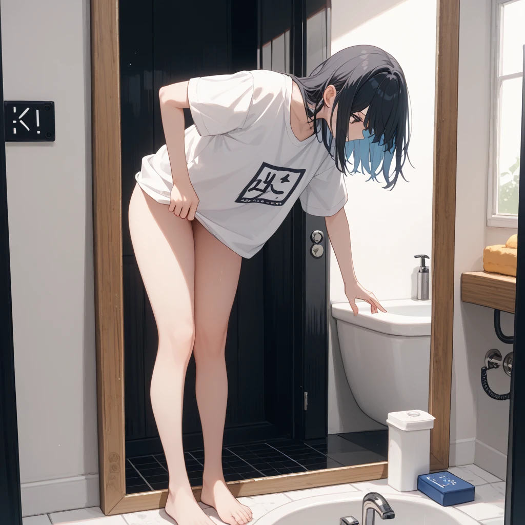 woman in a white underwear is kneeling on a bathroom floor near a mirror, 1girl, underwear, black hair, panties, solo, white panties, blush, long hair, ass, kneeling, breasts, trembling,eyeliner,sanpaku eys