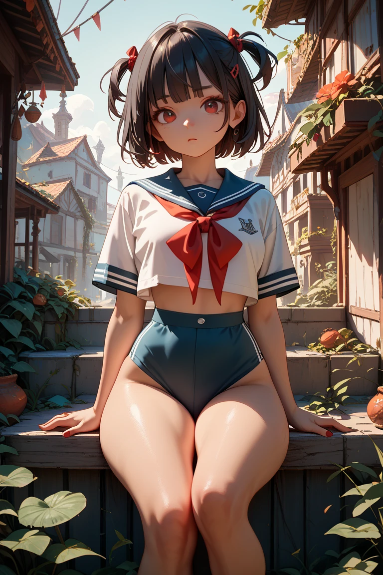ruanyi037, 1girl, skinny, narrow waist, gradient hair, long curly brown hair, twin braids, silver eyes, medium breasts, thighs, knees, (freckles:0.7), makeup, red lips, (sweat:1.1), (school uniform, Slingshot swimsuit), cameltoe, jewelry, cowboy shot, standing, (straight-on:1.2), thigh gap, outdoors, baseball stadium, realistic skin texture, detailed background, beautiful and detailed artwork, <lora:add_detail:0.5>  <lora:Swimming Lesson 6_v1:0.65>