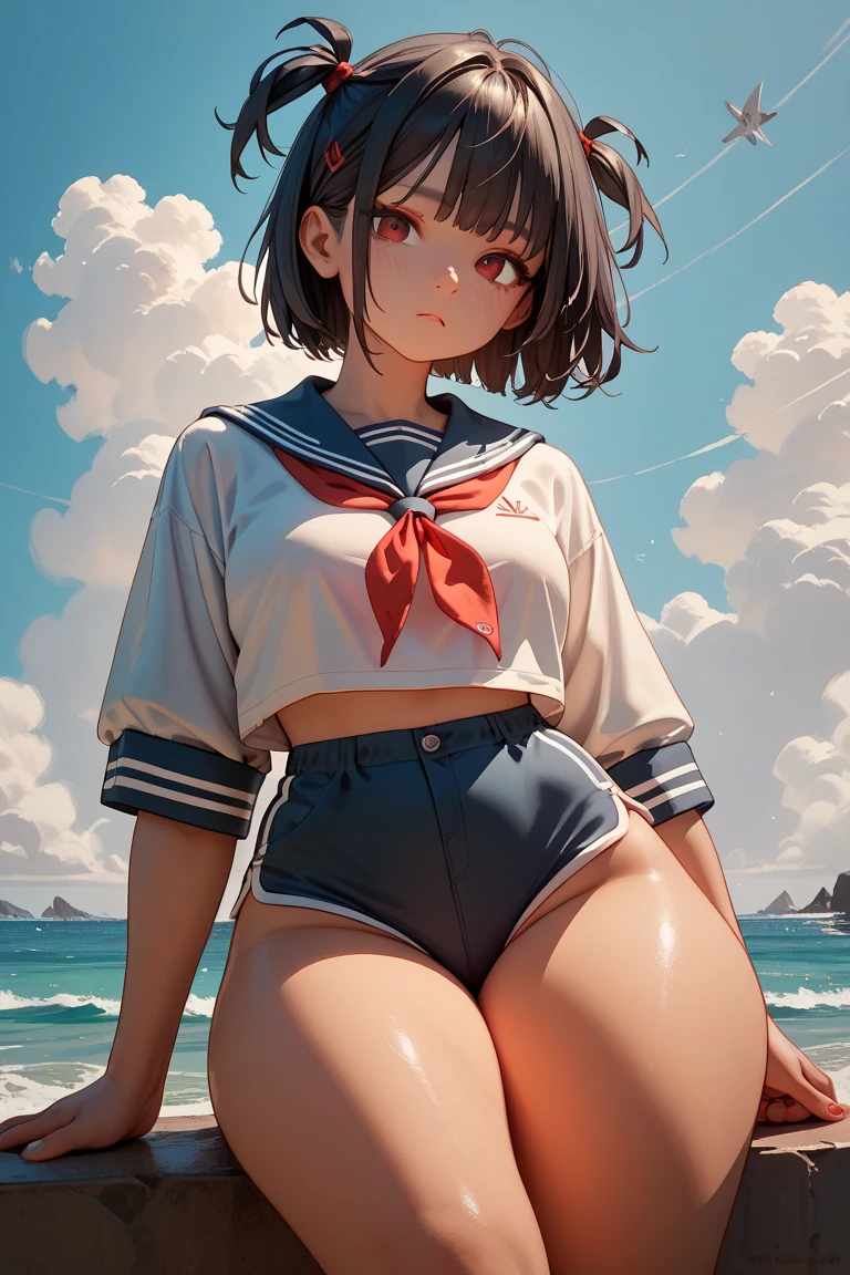 (8k, RAW Photos, Highest quality, masterpiece: 1.2), (Realistic: 1.37)、Photorealistic perfect body 、(solo:1.2), Beach, School Swimsuit 、Sailor suit shirt only、50mm lens、Beautiful blue sky、Dominant Pose、Boob proportions,