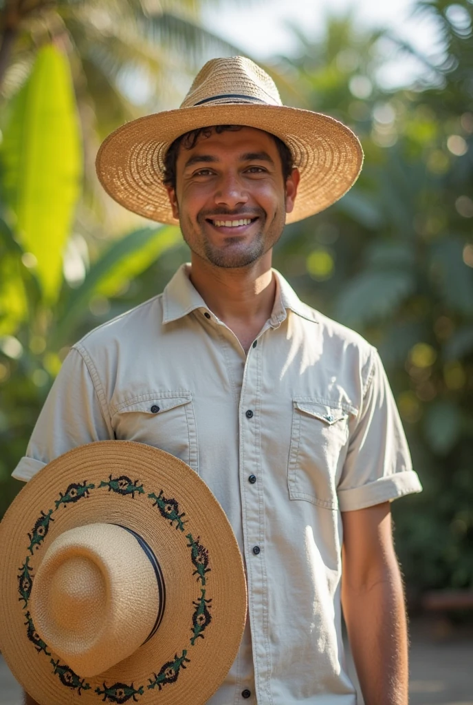 There is a man with a hat holding a plant., profile picture, Charlie Cox, medium shot of a handsome man, inspired by Ludovit Fulla, Profile picture, 32 years old, Profile picture, Profile pictureture, Inspired by Ramon Pichot, Profile picture, raphael lecoste, slightly muscular, diego fazio, 36 years old, shirtless and naked, Full body shot