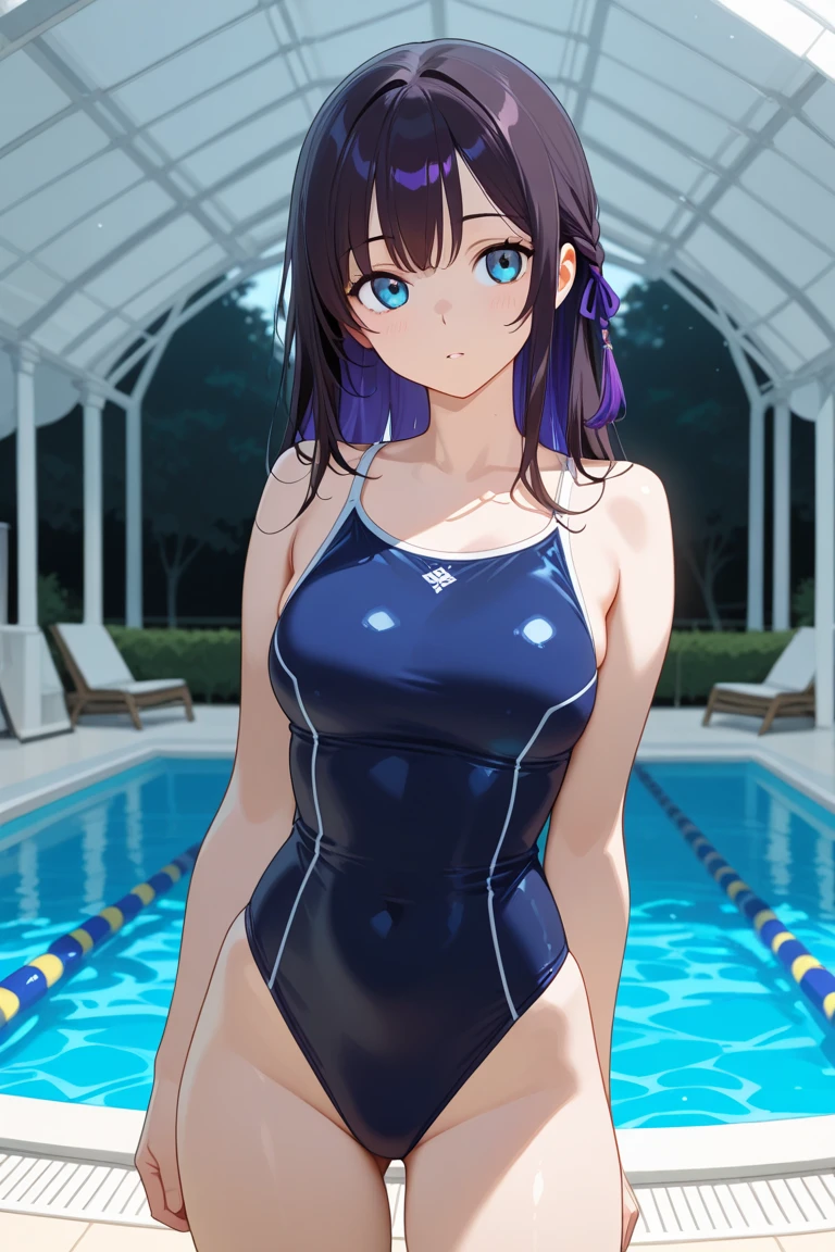 1 girl,small breasts,,lilac long-haired,poor body,high school student,pool,I can see the nipples,School swimsuit coming off