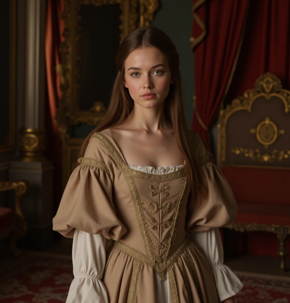 18th century beautiful rococo duchess dressed in lavish fashion of the time with blondish/ chestnut hair
