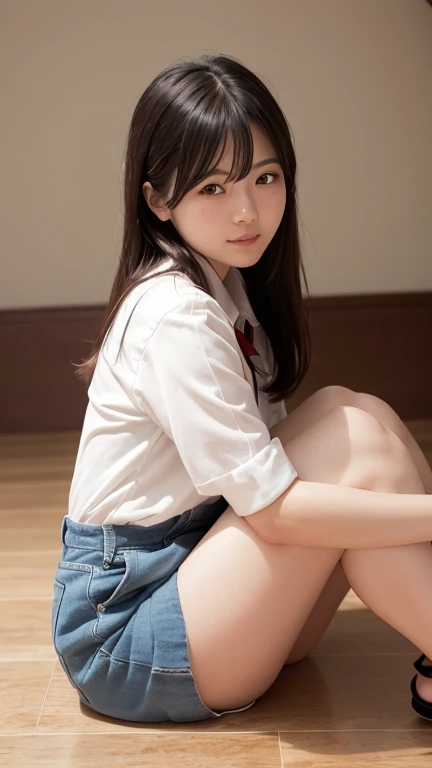 ((Crotch focus)), ((Stand with your feet apart)), (((Looking up at the camera from your feet、Shooting from a low angle,Emphasize thighs and hips).,The most beautiful smile:1.5、 best quality, best quality, Female high school student, Medium chest, Pleated Skirt, Medium-length curly hair, Beautiful light brown hair, White shirt, Expose:1.2, Beautiful thighs,Beautiful knees、