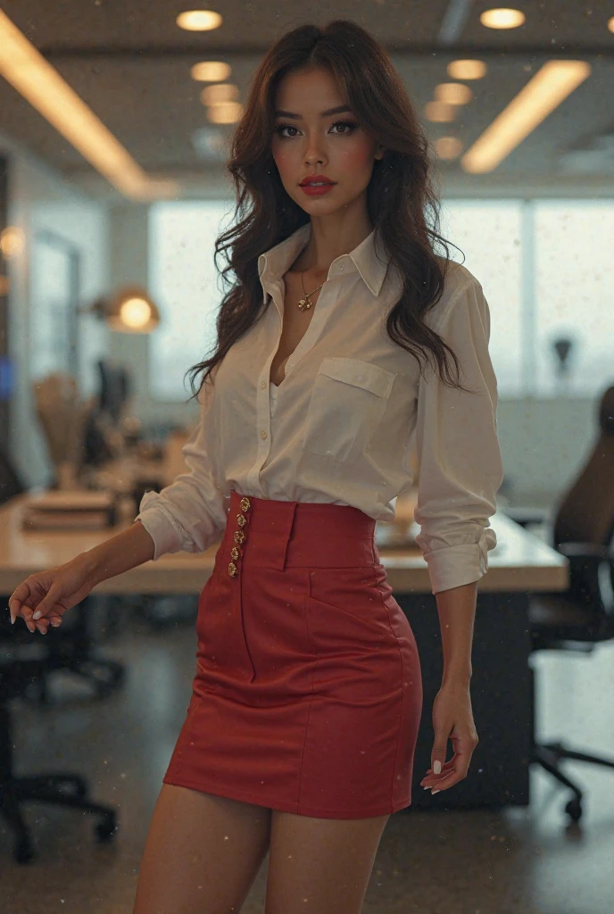Vanessa Lin, a striking 3 fashion designer, standing confidently in her studio filled with vibrant fabrics and sketches. She has a bold and daring style, reflected in her outfit—a tight red leather jacket paired with a matching pencil skirt that hugs her curves. Her short, stylishly tousled hair frames her sharp features, and her eyes glint with creativity and determination. She stands with one hand on her hip, surveying her latest designs with a satisfied smile. The studio is bathed in warm, natural light, highlighting the colors and textures around her. Hyper-detailed, soft lighting, fashion-forward, 8K.
