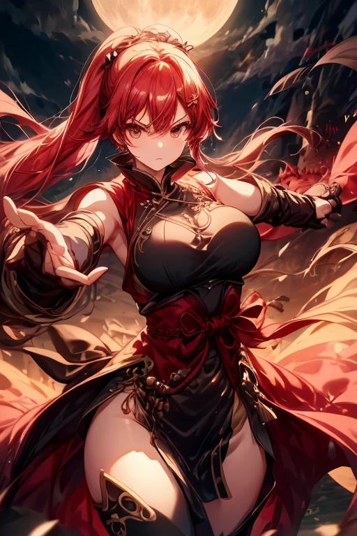 Long red ponytail Red fox ears and nine fox tails Very large breasts Flaming sword Older sister 