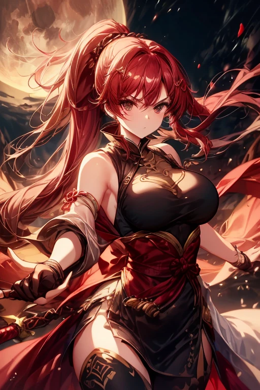 girl, belly button, big breasts, curvy, Queen, bullying, slaughter, holding enemies helmet, red fluid on body, red liquid on armor, Red fluid on my belly button, Red fluid on my chest, tall, long sword in hand, slashing sword, red liquid splashing, red liquid on my belly button, red liquid on belly, gun, knife, sword, war, battlefield, underwear, kill, shot from below, sensual, Red fluid on my chest, serious, murderous face, holding knights helmet , enemy is falling, giving the final blow, background(fallen soldier with red liquid)