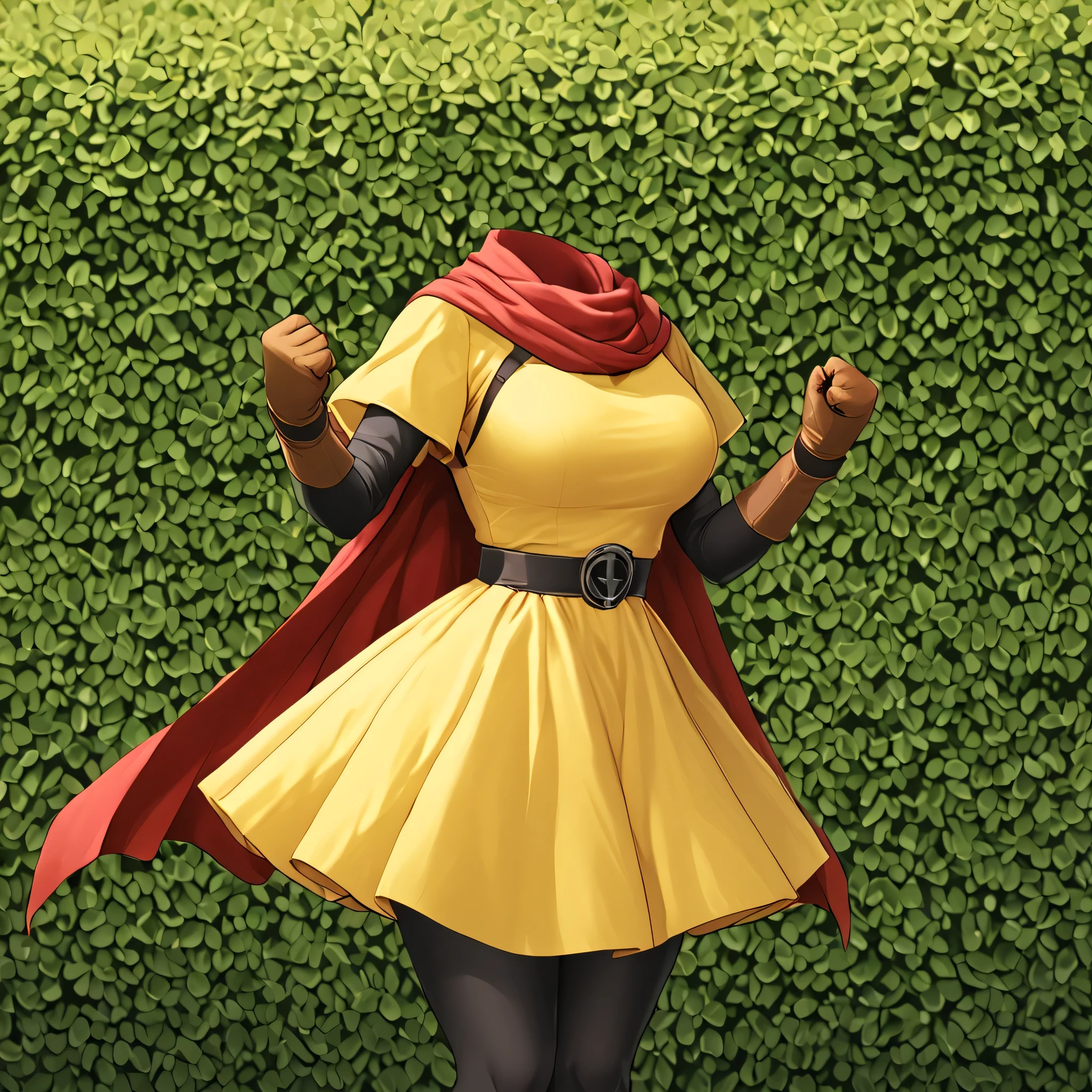cape, dress, gloves, pantyhose, yellow dress, scarf, short sleeves, in garden, fighting pose, (invisible:1.5, no humans:1.5, headless:1.5, faceless:1.5), cute big huge breasts, detailed cloth texture, extremely details, close-up to breasts, (Best-quality, Masterpiece, Ultra-High-Resolution