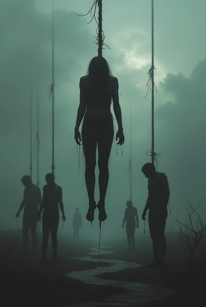 a young woman, delicate and beautiful woman with long, straight jet black hair, Porcelain skin, she is naked, Her beautiful white skin shines. She is completely tied up ((his whole body tied up)) and the rope hangs his body, almost touching some green waters where some big hands emerge which eagerly wait to touch the woman, around there trees and fog, at night in a dark forest. animated art