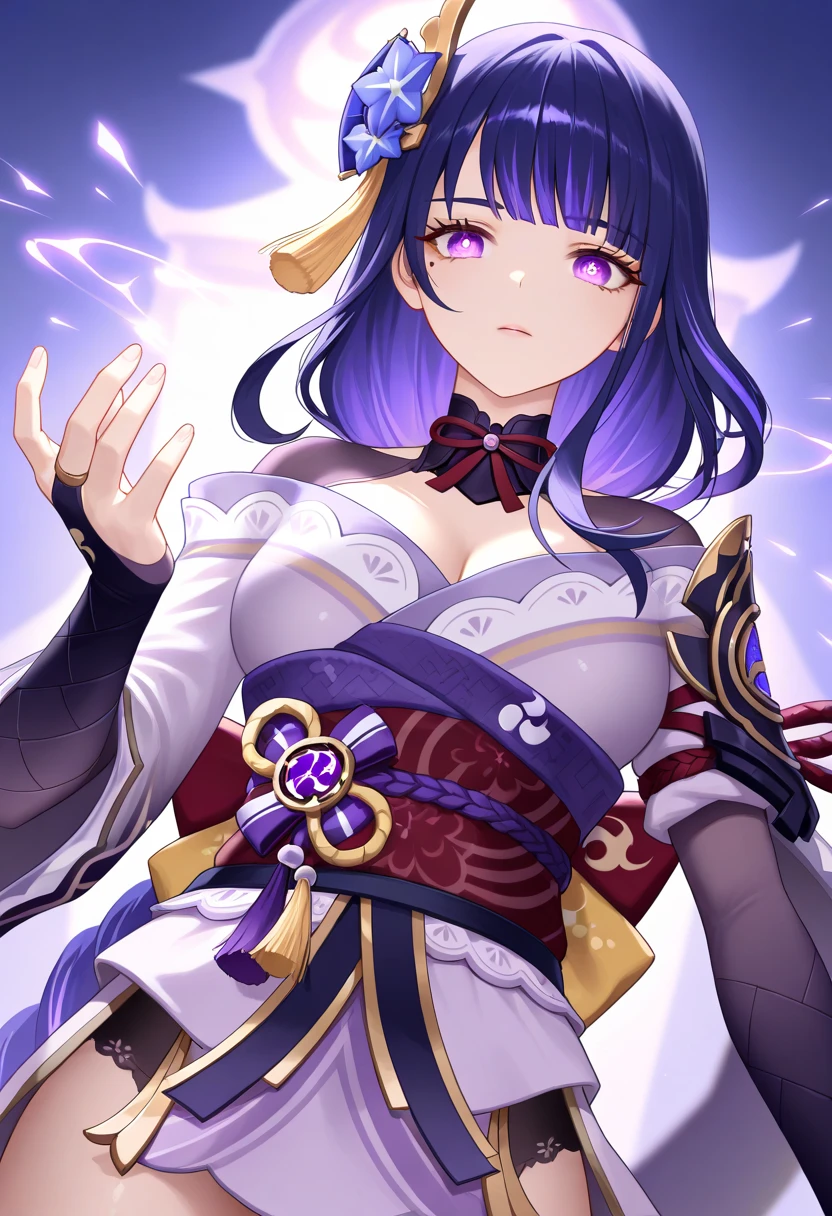 (masterpiece, finely detailed beautiful eyes: 1.2), high contrast, (illustration:1.2), 1girl, solo, (raiden shogun:1.4), purple hair, purple eyes, bangs, braid, braided ponytail, breasts, hair ornament, japanese clothes, kimono, sash,red sash , (detailed background:1.4), (torii), (thighs:1.4), volumetric lighting, hyper detailed, highly detailed, beautiful, small details, ultra detailed, best quality, intricate, sharp, digital illustration, detailed, realism, intricate, 4k, 8k, trending on artstation, good anatomy, beautiful lighting, award-winning,  highres, (extremely detailed CG, unity, 8k wallpaper:1.1), beautiful face, highly detailed face, zoomout, colorful, vibrant colors, nail polish, (glow:1.4)  <lora:raidenShogunRealistic_raidenshogun:0.5>,