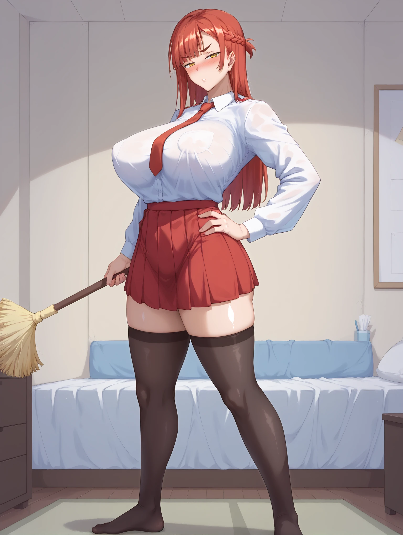 slim lady, motherly latina, wavy hair, burgundy high ponytail ((medium)), forehead (sidelocks), smile (red lips), pink collar tee (long sleeves), plump waist, huge breasts ((gigantic breasts:1.1)), thighhighs, necktie, ((purple pencil skirt)), thigh highs (oily skin), city streets, porch (warm light) bent over (buttocks), looking at viewer, from front (facing camera), wide shot, (masterpiece, best quality)